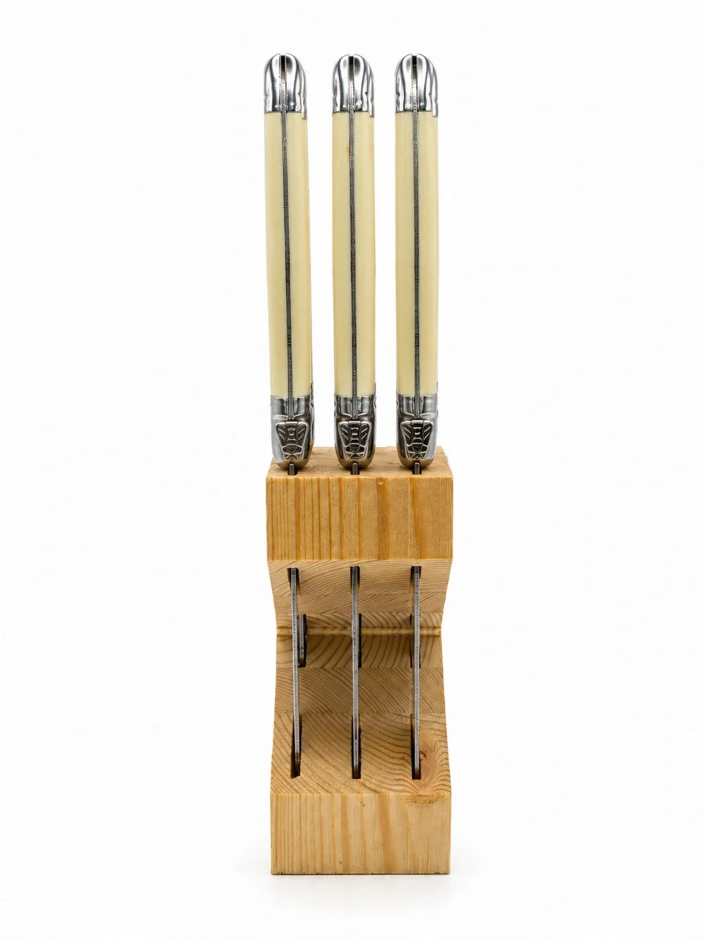 Jean Dubost Laguiole Steak Knives Set of 6 Stainless with Ivory Handles & Block